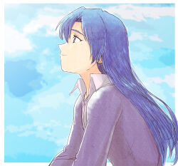 1girl blue_hair blue_sky border closed_mouth collared_shirt day from_side idolmaster idolmaster_(classic) kisaragi_chihaya light_smile long_hair long_sleeves outdoors outside_border profile shirt sky solo tsubobot upper_body white_border