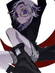 aotsuki_eito arms_up closed_mouth from_below frown glasses highres looking_at_viewer necktie parted_hair purple_eyes shorts simple_background the_hundred_line_-last_defense_academy- white_background white_hair