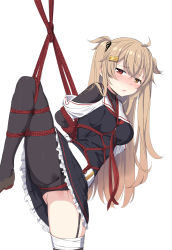 Rule 34 | 1girl, asymmetrical legwear, bad id, bad pixiv id, bdsm, black pantyhose, black serafuku, bondage, bound, bow, brown eyes, brown hair, cnm, commentary request, female focus, groin, hair bow, hair flaps, hair ornament, hair ribbon, hairclip, heterochromia, highres, kantai collection, long hair, looking at viewer, murasame (kancolle), panties, panties under pantyhose, pantyhose, parted lips, pleated skirt, ribbon, rope, school uniform, serafuku, simple background, single leg pantyhose, skirt, solo, standing, standing on one leg, turtle shell, two side up, underwear, uneven legwear, white background