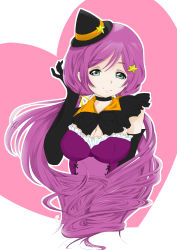 Rule 34 | 1girl, absurdres, aqua eyes, artist name, artist request, black bow, black cape, black capelet, black choker, black gloves, black ribbon, blush, bow, breasts, cape, capelet, choker, cleavage, collarbone, cross-laced clothes, cross-laced dress, dancing stars on me!, dress, elbow gloves, female focus, frill trim, frilled dress, frills, gloves, green eyes, hair between eyes, hair ornament, hair ribbon, wrapped hair, hairclip, hat, heart, heart background, highres, long hair, long twintails, looking at viewer, love live!, love live! school idol project, low twintails, medium breasts, mini hat, mini witch hat, orange cape, parted lips, playing with own hair, purple dress, purple hair, purple ribbon, ribbon, smile, solo, star (symbol), star hair ornament, tojo nozomi, twintails, two-tone cape, upper body, white background, witch hat