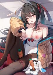 1girl :o absurdres animal_ears black_hair black_pantyhose blurry blurry_background blush breasts carrot cleavage coat collarbone commentary_request hair_between_eyes hair_ribbon high_heels highres knee_up leotard liya long_sleeves looking_at_viewer medium_breasts nipples open_mouth orange_coat original pantyhose playboy_bunny rabbit rabbit_ears red_eyes red_footwear ribbon sidelocks sitting tile_floor tiles white_leotard