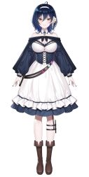 1girl ahoge bare_shoulders black_cape black_corset blue_gemstone blue_nails boots breasts brown_boots cape cleavage closed_mouth clothing_cutout collar collarbone corset cyberlive detached_collar dress flower gem hair_between_eyes hair_flower hair_ornament hairband highres long_sleeves mairo orange_eyes oumiya_emma short_hair solo virtual_youtuber white_background white_collar white_dress white_flower white_hairband