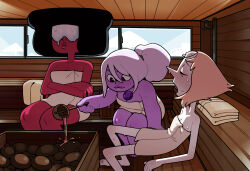 3girls amethyst_(steven_universe) black_hair breasts cleavage closed_eyes closed_mouth colored_skin crossed_arms discount-supervillain garnet_(steven_universe) gem goggles highres indoors long_nose multiple_girls naked_towel open_mouth pearl_(gemstone) pearl_(steven_universe) pink_hair ponytail purple_gemstone purple_hair purple_skin red_skin sauna sitting steven_universe sweat towel water wet white_skin