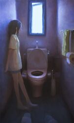 1girl black_hair blue_shorts fjsmu full_body glasses grey_socks highres original public_restroom shirt shorts slippers socks solo standing toilet toilet_paper towel white_shirt window