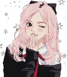 1girl anya_(spy_x_family) anya_(spy_x_family)_(cosplay) b_xbnh black_bow blush bow closed_mouth commentary_request cosplay eunha_(gfriend) gfriend hair_bow highres korean_commentary long_hair long_sleeves one_eye_closed parted_bangs pink_hair pink_lips real_life red_ribbon ribbon smile solo spy_x_family star_(symbol) upper_body very_long_sleeves viviz