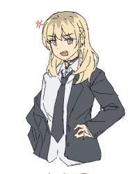 1girl anger_vein black_choker black_jacket black_necktie blonde_hair choker collared_shirt commentary earclip fafayu fang girls_band_cry grey_eyes hand_on_own_hip highres jacket kawaragi_momoka long_hair long_sleeves multicolored_hair necktie o-ring o-ring_choker oekaki open_mouth romaji_commentary roots_(hair) shirt simple_background solo teeth upper_body upper_teeth_only white_background white_shirt