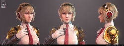 1girl 3d aigis_(persona) android blair_armitage blonde_hair blue_eyes breasts gradient_background hand_on_own_chest highres joints looking_at_viewer multiple_views necktie persona persona_3 realistic robot_joints short_hair upper_body very_short_hair