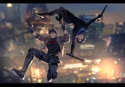 2boys absurdres batman_(series) belt black_bodysuit black_gloves black_hair black_pants black_shirt blue_bodysuit blurry blurry_background bodysuit boots brothers chengzhineixihuanxiaogou clenched_teeth dc_comics dick_grayson falling gloves gun highres holding holding_gun holding_weapon jacket jason_todd letterboxed looking_at_another male_focus multicolored_hair multiple_boys nightwing open_clothes open_jacket outdoors pants red_hood_(dc) shirt short_hair siblings smile superhero_costume teeth two-tone_bodysuit two-tone_hair weapon white_hair