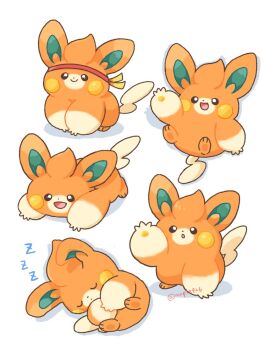 Rule 34 | animal focus, closed eyes, closed mouth, full body, headband, kana (maple926), looking at viewer, nintendo, no humans, open clothes, open mouth, pawmi, pokemon, pokemon (creature), pokemon focus, simple background, sleeping, smile, white background