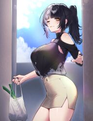 1girl absurdres alternate_costume bag black_hair black_nails black_shirt breasts closed_mouth cross cross_earrings doorway earrings grey_hair highres hololive hololive_english jellen_aura jewelry large_breasts miniskirt multicolored_hair one_eye_closed plastic_bag ponytail pov_doorway shiori_novella shirt skirt solo split-color_hair spring_onion two-tone_hair virtual_youtuber yellow_eyes yellow_skirt