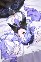 1girl ahoge aile_(crossroads) ascot black_hairband black_nails black_panties black_pantyhose blush bow bowtie breasts center_frills cleavage dress drill_hair frills from_above gem hairband highres large_breasts long_hair long_sleeves looking_at_viewer lying mole mole_under_eye multicolored_hair on_back panties pantyhose parted_lips pointy_ears purple_ascot purple_bow purple_bowtie purple_gemstone purple_hair red_eyes shrug_(clothing) solo streaked_hair underwear vivian_(zenless_zone_zero) white_hair white_shrug zenless_zone_zero
