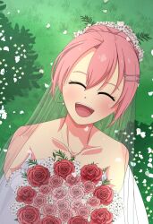 1girl absurdres alexanderprag bare_shoulders bouquet bridal_veil closed_eyes collarbone commentary double-parted_bangs dress earrings eiyuu_densetsu english_commentary flower grass hair_between_eyes highres holding holding_bouquet jewelry juna_crawford laurel_crown looking_at_viewer outdoors pink_hair portrait sen_no_kiseki_(series) short_hair smile solo veil wedding_dress