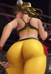 1girl alternate_costume arm_behind_back ass ass_focus back bare_shoulders black_gloves black_pants black_sports_bra bottle braid brown_hair bun_cover butt_crack cameltoe commentary dead_or_alive double_bun english_commentary fingerless_gloves from_behind gloves hair_bun holding holding_bottle indoors lei_fang medium_hair meekohopanes multiple_braids paid_reward_available pants patreon_logo patreon_username solo sports_bra standing tight_clothes two-tone_pants water_bottle wedgie yellow_pants yoga_pants