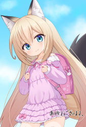1girl animal_ear_fluff animal_ears backpack bag blonde_hair blue_eyes child cloud commission crime_prevention_buzzer dress fox_ears fox_girl fox_tail frilled_dress frills highres long_hair long_sleeves looking_at_viewer mogura2009 original outdoors pink_dress pink_sleeves randoseru short_dress sidelocks skeb_commission sky smile solo tail very_long_hair