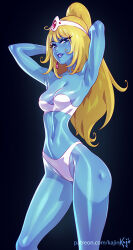 1girl alien armpits artist_name black_background blonde_hair blue_eyes blue_skin breasts colored_skin commentary earrings english_commentary interstella_5555 jewelry kajin_(kajinman) long_hair ponytail solo stella_(interstella_5555)