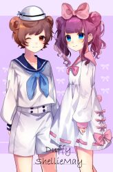 Rule 34 | 1boy, 1girl, animal ears, bear ears, blue eyes, double bun, dress, duffy and friends, duffy the disney bear, hair bun, highres, humanization, kabashima hana, long hair, long sleeves, looking at viewer, personification, sailor dress, school uniform, shelliemay, shirt, skirt, smile, twintails