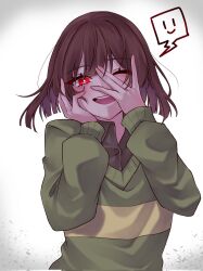Rule 34 | 1other, ;d, aegyo sal, blunt bangs, bright pupils, brown hair, chara (undertale), collared shirt, commentary request, corrupted twitter file, covering face, green sweater, grey shirt, hand on own cheek, hand on own face, hands up, highres, kohaku chara, long sleeves, looking at viewer, medium hair, one eye closed, open mouth, other focus, puffy long sleeves, puffy sleeves, red eyes, shirt, simple background, smile, solo, spoken expression, striped clothes, striped sweater, sweater, teeth, tongue, two-tone sweater, undertale, upper body, upper teeth only, vignetting, white background, white pupils, yellow sweater