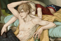 Rule 34 | 19 tian, 2015, 2boys, arm up, ass, bed, black pants, blonde hair, blue eyes, brown hair, can, commentary request, controller, hand on another&#039;s head, holding, holding can, holding controller, jian yi, looking at another, looking at viewer, lying, male focus, male underwear, multicolored male underwear, multiple boys, nude, on stomach, pants, pillow, red shirt, remote control, shirt, signature, skinny, star (symbol), star print, umary, underwear, yaoi, zhan zheng xi