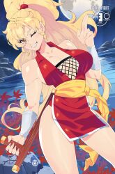 Rule 34 | 1girl, arm guards, bare shoulders, blonde hair, breasts, brown eyes, cleavage, earrings, final fight, final fight 2, full moon, genryuusai maki, grin, high ponytail, highres, holding, holding weapon, japanese clothes, jewelry, large breasts, leaf, long hair, looking at viewer, moon, night, night sky, ninja, one eye closed, outdoors, pelvic curtain, ponytail, sash, sky, smile, solo, star (sky), starry sky, street fighter, street fighter zero (series), thighs, tonfa, udon entertainment, very long hair, water, wavy hair, weapon, yellow sash