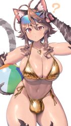 1girl ? absurdres animal_ear_fluff animal_ears antenna_hair ball beachball bikini breasts brown_hair bulge cat_ears cat_girl cat_tail claws commentary_request covered_penis covered_testicles cowboy_shot eyewear_on_head futanari gold_bikini golden_week grey_fur hair_between_eyes highres holding holding_ball holding_beachball jewelry large_breasts looking_at_viewer medium_hair navel orange_eyes original pendant revision short_eyebrows side-tie_bikini_bottom simple_background skindentation solo stomach swimsuit tail thick_eyebrows veins veiny_breasts white_background yagatake_arashi_(nekoarashi) yana_(nekoarashi)
