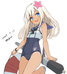 1girl absurdres bigkwl blonde_hair blue_eyes blush breasts crop_top dated flower hair_flower hair_ornament highres japanese_flag kantai_collection lifebuoy long_hair looking_at_viewer one-piece_swimsuit one-piece_tan open_mouth ro-500_(kancolle) sailor_collar school_swimsuit school_uniform simple_background small_breasts smile solo standing standing_on_one_leg swim_ring swimsuit swimsuit_under_clothes tan tanline torpedo twitter_username white_background
