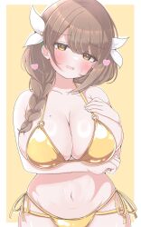 1girl alternate_costume asage_(asgsn) bikini blush braid breasts brown_eyes brown_hair cleavage commentary english_commentary fire_emblem fire_emblem_engage gold_bikini goldmary_(fire_emblem) hair_ribbon hand_on_own_chest heart highres large_breasts long_hair looking_at_viewer mole mole_on_breast navel nintendo open_mouth ribbon side_ponytail sideboob skindentation smile solo stomach swimsuit white_ribbon yellow_eyes