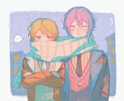 Rule 34 | ..., 2boys, ^ ^, asymmetrical hair, black coat, black necktie, blonde hair, blush, border, closed eyes, closed mouth, coat, covered mouth, crossed arms, dot nose, double-parted bangs, gag1tdiucvpteok, hair between eyes, highres, kamishiro rui, lapels, male focus, mittens, multiple boys, necktie, notched lapels, outside border, pinstripe pattern, pinstripe shirt, project sekai, purple hair, scarf, shared clothes, shared scarf, shirt, side-by-side, smile, speech bubble, spoken ellipsis, sweater vest, tenma tsukasa, upper body, white border, white necktie