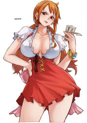 1girl aosora2823 artist_name back_bow bangle blush bow bracelet breasts brown_eyes cleavage collarbone commentary cowboy_shot cross-laced_clothes cross-laced_skirt earrings eyelashes frilled_shirt frilled_skirt frilled_sleeves frills hand_on_own_hip highres holding holding_money jewelry large_breasts log_pose long_hair looking_at_viewer low_twintails miniskirt money nami_(one_piece) official_alternate_costume official_alternate_hairstyle one_piece orange_hair pearl_earrings pink_bow red_skirt shirt short_sleeves simple_background single_sidelock skirt solo thighs tongue tongue_out twintails white_background white_shirt wide_hips