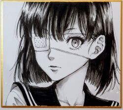 Rule 34 | 1girl, closed mouth, collarbone, commentary request, expressionless, eyelashes, eyepatch, greyscale, hair behind ear, looking at viewer, makomako1061, monochrome, original, pen (medium), photo (medium), portrait, sailor collar, shikishi, short hair, solo, traditional media