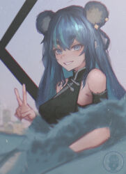 1girl absurdres animal_ears bare_shoulders bear bear_ears bear_girl black_dress blue_eyes blue_hair breasts china_dress chinese_clothes colored_inner_hair commentary dress english_commentary from_side fujikura_uruka fujikura_uruka_(2nd_costume) grin hair_between_eyes highres large_breasts light_blue_hair looking_at_viewer monster_girl multicolored_hair official_alternate_costume phase_connect smile solo streaked_hair taku_artworks taut_clothes taut_dress two-tone_hair upper_body v virtual_youtuber