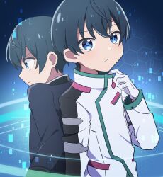 Rule 34 | 2boys, adjusting clothes, black hair, black jacket, dual persona, frown, gloves, hair behind ear, highres, hologram, jacket, looking at viewer, male focus, miromoppara-kun, multiple boys, onari taisei, shinkalion: change the world, shinkalion (series), short hair, v-shaped eyebrows, white gloves, white jacket