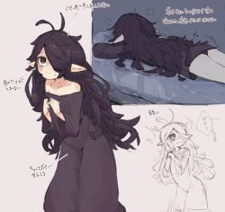 1girl ^^^ antenna_hair ass bags_under_eyes bare_shoulders black_eyes black_hair black_panties black_shirt blush breath collarbone female_focus flat_chest from_behind grey_background hair_over_one_eye hands_up japanese_text leaning_forward loli long_hair long_sleeves looking_at_viewer lying matching_hair/eyes messy_hair mojyo multiple_views nervous no_pants nose_blush on_bed on_stomach one_eye_covered original own_hands_together panties partially_colored pointy_ears ringed_eyes shirt sidelocks sketch speech_bubble standing surprised sweat translation_request trembling unarsite underwear wide_sleeves