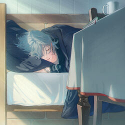 1boy absurdres aqua_hair blush book chair closed_eyes coke_6 cup green_jacket grey_shirt hair_over_one_eye head_on_pillow highres jacket mahoutsukai_no_yakusoku male_focus medium_hair nero_turner on_bed parted_bangs parted_lips pillow shirt sleeping solo table teeth under_covers