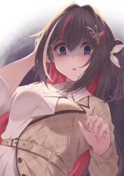 1girl ascot azki_(4th_costume)_(hololive) azki_(hololive) bags_under_eyes bankerou brown_hair brown_jacket collared_dress colored_inner_hair commentary_request constricted_pupils crazy_eyes double-parted_bangs dress empty_eyes facial_mark hair_intakes hair_ornament hairclip half_updo hand_in_own_hair highres hololive jacket long_hair looking_at_viewer mole mole_under_eye multicolored_hair nail_polish official_alternate_costume parted_lips pink_hair pink_nails ponytail purple_eyes short_ponytail sidelocks solo streaked_hair sunken_eyes tucking_hair upper_body very_long_hair virtual_youtuber white_ascot white_dress white_hair yandere