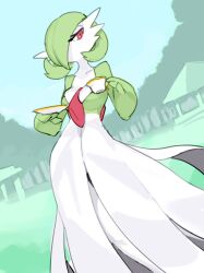 1girl bob_cut colored_skin cup dress gardevoir gen_3_pokemon green_hair green_skin hair_over_one_eye highres holding holding_cup kame_(3t) multicolored_skin nintendo outdoors pink_eyes pokemon pokemon_(creature) teacup two-tone_skin white_dress white_skin