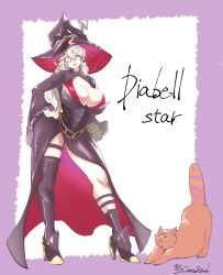 1girl absurdres black_dress black_hat body_fur book border breasts brown_fur cat character_name cleavage comic_hand diabellstar_the_black_witch dress duel_monster earrings full_body grey_eyes grey_hair hand_on_own_hip hat highres holding holding_book jewelry large_breasts long_hair looking_at_viewer monocle official_alternate_costume purple_border red_lips simple_background solo_focus white_background witch_hat yu-gi-oh!