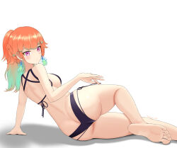 1girl ass back barefoot bikini black_bikini breasts earrings feather_earrings feathers from_behind highres hololive hololive_english jewelry large_breasts looking_at_viewer lying official_alternate_costume on_side orange_hair perfume_(takanashi_kiara) purple_eyes see-through_clothes simple_background soles solo swimsuit takanashi_kiara tamagotozi3420 thighs virtual_youtuber white_background