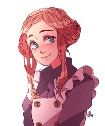 Rule 34 | 1girl, blue eyes, blush, bright pupils, closed mouth, collared shirt, commentary, english commentary, eyelashes, freckles, kyokugen dasshutsu, kyokugen dasshutsu adv: zennin shibou desu, ladugard, lips, long sleeves, luna (kyokugen dasshutsu), orange hair, purple shirt, shirt, short hair with long locks, sidelocks, simple background, smile, solo, third-party source, upper body, vest, white background, white pupils, white vest