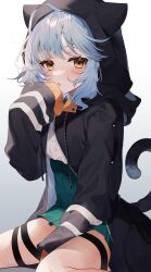 1girl 40_(0f0urw) absurdres animal_ears between_legs black_hoodie black_tail blue_hair blurry borrowed_character cat_ears cat_girl chromatic_aberration commission cowboy_shot depth_of_field dress gradient_background green_dress grey_background hand_between_legs hand_on_own_chin hand_up highres hood hood_up hoodie jitome light_blush looking_at_viewer orange_eyes original parted_lips pleated_dress second-party_source short_dress sidelocks sitting skeb_commission sleeves_past_fingers sleeves_past_wrists solo swept_bangs wariza wavy_hair