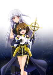 Rule 34 | 2girls, :d, absurdres, blue eyes, blush, brown hair, celtic cross, commentary, cross, dress, fingerless gloves, gloves, grey hair, hands on another&#039;s shoulders, hat, higa yukari, highres, holding, holding unworn clothes, holding unworn hat, jacket, long hair, lyrical nanoha, mahou shoujo lyrical nanoha, mahou shoujo lyrical nanoha a&#039;s, mahou shoujo lyrical nanoha the movie 2nd a&#039;s, multiple girls, open mouth, red eyes, reinforce, schwertkreuz, short hair, side slit, single hair intake, skirt, smile, staff, standing, symbol-only commentary, unworn hat, unworn headwear, yagami hayate, yuri