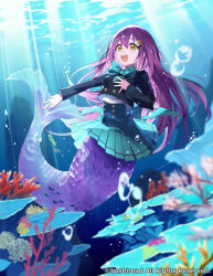 1girl air_bubble aqua_bow aqua_skirt bow bubble cardfight!!_vanguard character_request copyright_notice coral hair_ornament long_hair long_sleeves mermaid monster_girl official_art purple_hair senobi_(senoby) skirt teeth underwater upper_teeth_only yellow_eyes