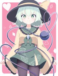 1girl absurdres adapted_costume black_hat black_pantyhose blush border breasts bright_pupils closed_mouth commentary_request contrast_collar cowboy_shot cropped_shirt darumoon floral_print frilled_shirt_collar frilled_sleeves frills green_eyes green_hair green_skirt hat hat_ribbon heart heart_of_string high-waist_skirt highres jewelry komeiji_koishi long_sleeves looking_at_viewer necklace pantyhose print_skirt red_background ribbon rose_print shirt short_hair skirt smile solo standing straight-on third_eye touhou white_border white_pupils wide_sleeves yellow_ribbon yellow_shirt