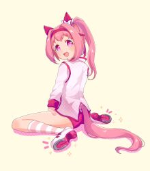 1girl animal_ears ass bandaid bandaid_on_leg bow buruma commentary_request ear_bow ear_covers flower-shaped_pupils flower_in_eye from_behind gym_uniform hair_intakes haru_urara_(umamusume) headband highres horse_ears horse_girl horse_tail jacket kneehighs long_hair looking_back moko39_takasora open_mouth pink_eyes pink_hair ponytail red_buruma red_headband shoes sitting smile socks solo striped_clothes striped_socks symbol-shaped_pupils symbol_in_eye tail thighs umamusume white_jacket white_shoes