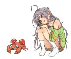 10s 1girl ahoge blush bow braid gazacy_(dai) gen_1_pokemon grey_hair hair_bow heart heart-shaped_pupils hoshi_syoko idolmaster idolmaster_cinderella_girls long_hair paras parasect pokemon pokemon_(creature) red_eyes shirt single_braid skirt smile socks symbol-shaped_pupils white_background