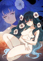 1girl alice_soft artist_name black_hair blue_eyes breasts character_request choppy_bangs closed_mouth collarbone commentary commentary_request completely_nude convenient_leg crossed_arms dot_mouth english_commentary flower fluffy_hair gradient_hair hair_flower hair_ornament hayasaka knee_up large_breasts long_hair mixed-language_commentary multicolored_hair nipples nude rance_(series) sad sitting town very_long_hair wavy_hair white_flower white_hair zoom_layer