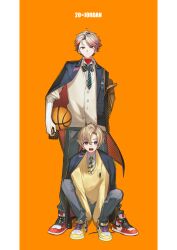 2boys absurdres black_jacket black_pants blazer blonde_hair blue_eyes brown_cardigan brown_hair cardigan closed_mouth collared_shirt colored_tips commentary_request diagonal-striped_clothes diagonal-striped_necktie frown full_body fura_kanato fura_kanato_(school_uniform) green_necktie highres jacket jacket_on_shoulders jisshu looking_at_viewer male_focus multicolored_hair multiple_boys necktie nijisanji open_mouth orange_background orange_hair pants red_eyes red_hair red_shoes seraph_dazzlegarden seraph_dazzlegarden_(school_uniform) shirt shoes short_hair simple_background smile sneakers squatting streaked_hair striped_clothes sweater sweater_vest teeth two-tone_background undershirt virtual_youtuber white_background white_shirt yellow_necktie yellow_shoes yellow_sweater