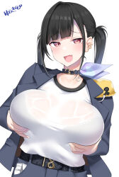 1girl :d artist_name belt black_belt black_bra black_choker black_hair black_jacket black_skirt blunt_bangs blush bra bra_visible_through_clothes breasts brown_eyes choker commentary_request condom condom_wrapper ear_piercing fang goddess_of_victory:_nikke grabbing_own_breast hands_up highres jacket kitajima_yuuki large_breasts long_sleeves looking_at_viewer mole mole_under_eye open_clothes open_jacket open_mouth pendant_choker piercing pocket raised_eyebrows see-through_clothes see-through_shirt shirt shirt_tucked_in simple_background skin_fang skirt smile solo sora_(nikke) twintails underwear upper_body wet wet_clothes wet_shirt white_background white_shirt