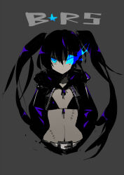 Rule 34 | 1girl, belt, bikini, bikini top only, black bikini, black hair, black jacket, black rock shooter, black rock shooter (character), blue eyes, blue fire, closed mouth, fire, flaming eye, flat chest, front-tie bikini top, front-tie top, grey background, highres, jacket, koroin, looking to the side, open clothes, open jacket, pale skin, scar, scar on chest, scar on stomach, simple background, solo, star (symbol), swimsuit, twintails, white belt