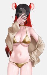 1girl animal_ears baseball_cap bikini black_hat breasts brown_shirt cellphone covering_face gold_bikini gold_choker hakos_baelz hand_on_own_hip hat highres holding holding_phone hololive hololive_english large_breasts long_hair mouse_ears mouse_girl navel phone red_hair selfie shirt simple_background smartphone solo stomach swimsuit thighs unmeidesu very_long_hair virtual_youtuber white_background