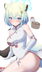 1girl absurdres akinoji_(akiponpon27) alternate_costume animal_ears ass blue_archive blue_hair blue_halo blush breasts china_dress chinese_clothes closed_mouth commentary_request dress dumpling elbow_gloves floral_print floral_print_dress floral_print_gloves food gloves gradient_hair green_hair hair_between_eyes hair_ornament hairclip halo highres large_breasts looking_at_viewer multicolored_hair print_dress purple_eyes shigure_(blue_archive) signature smile solo weasel_ears white_background white_dress white_gloves